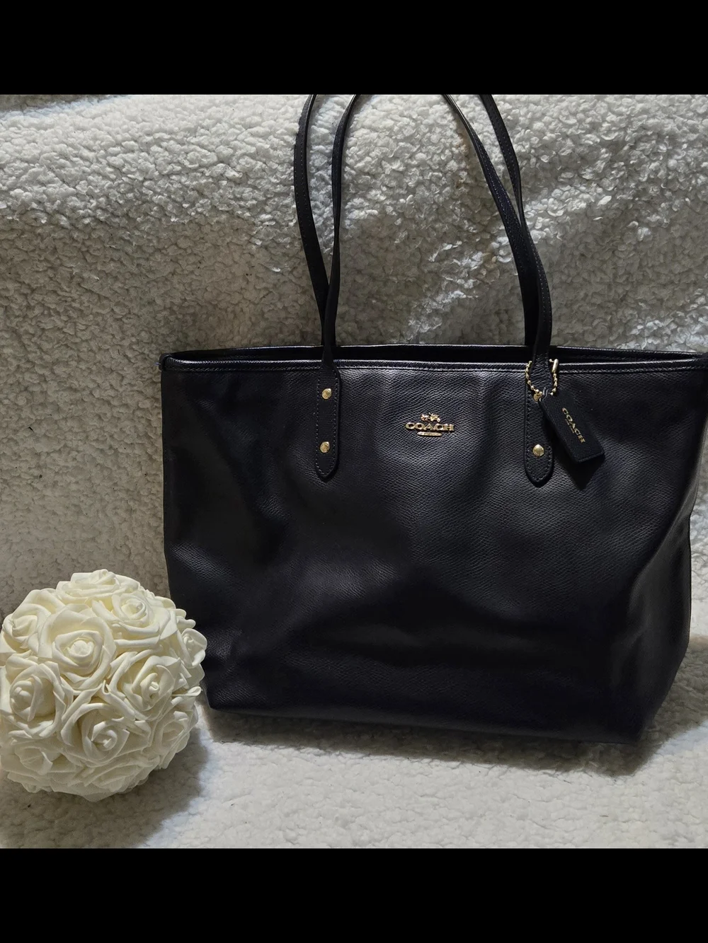 Coach Navy Leather Tote with Gold Hardware